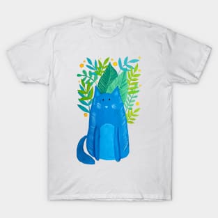 Cat and foliage - blue and green T-Shirt